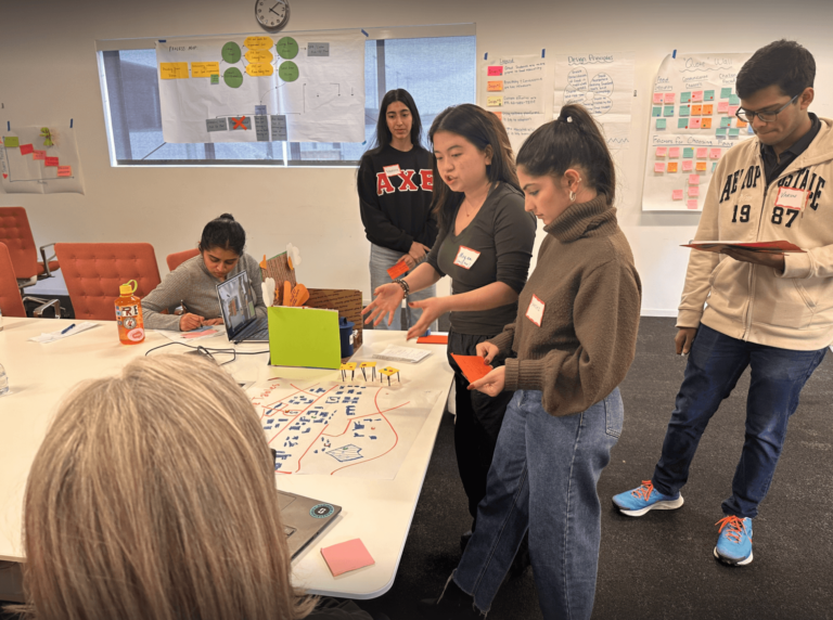 Five students and operational staff collaborating on prototypes