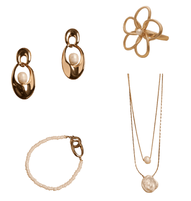 Pair of gold earrings, golf flower rings, pearl bracelet, and pearl necklace