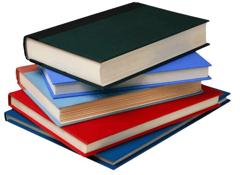 Stack of five books of different colors