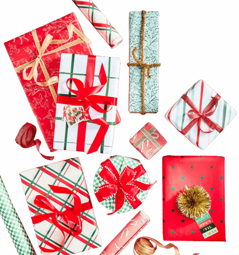 Boxes wrapped in red and green wrapping paper