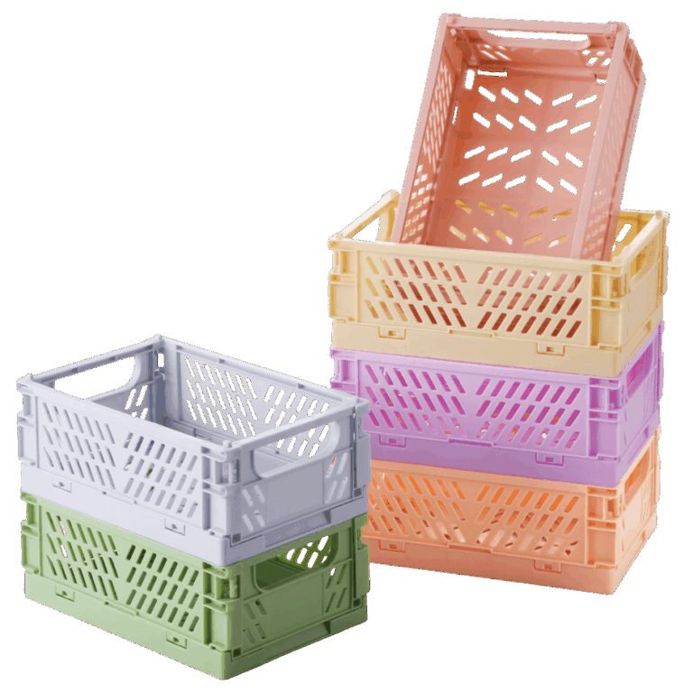 Six colored plastic crates
