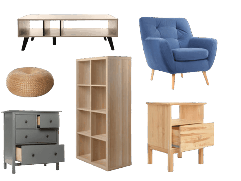 Chair, cabinet, nightstand, drawers