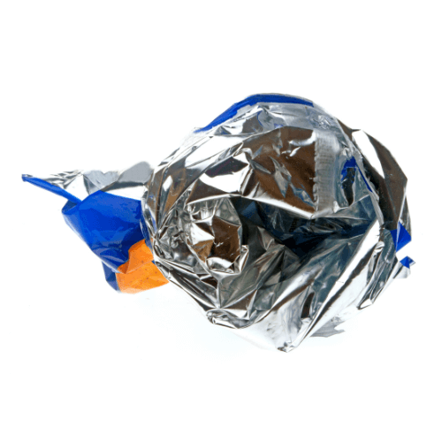 Inside silver lining of a blue chip bag