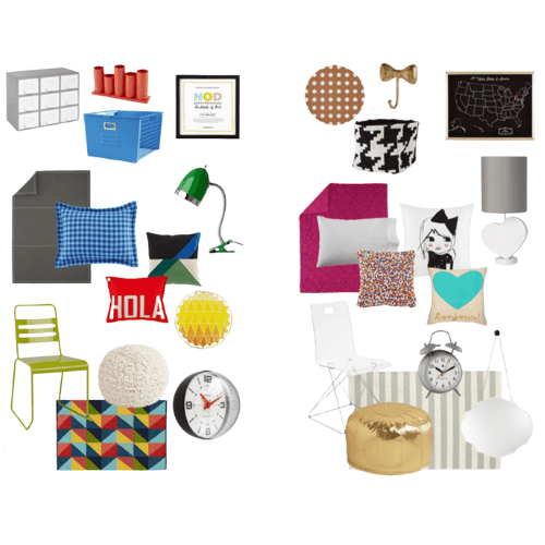 Pillows, chairs, clocks, lamps, and other dorm items