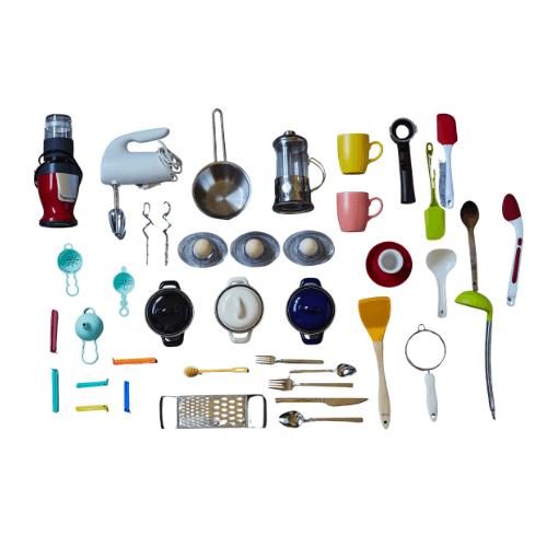 Kitchen utensils, appliances, and pans