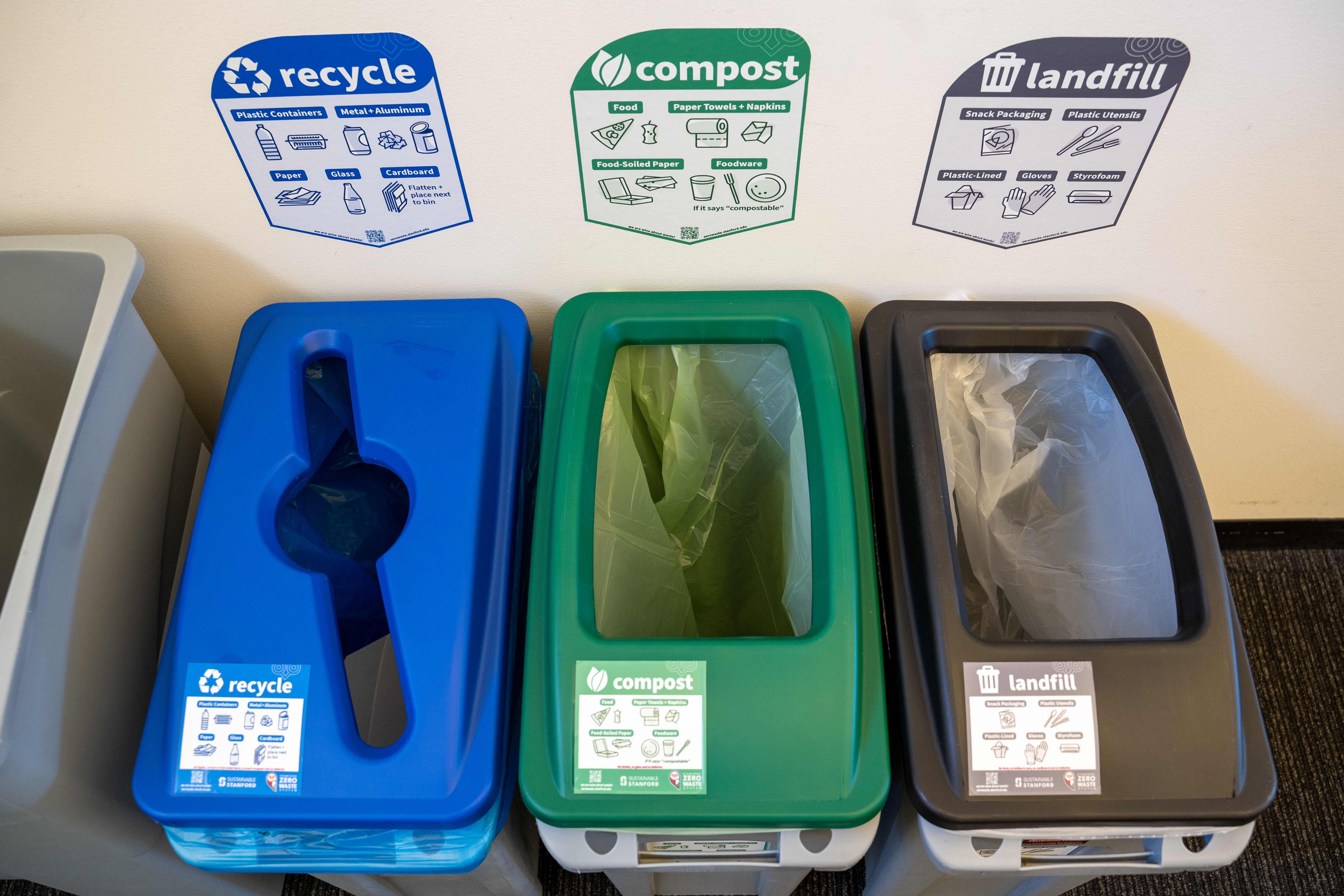 Three bins with signs above indicating recycle, compost, and landfill.
