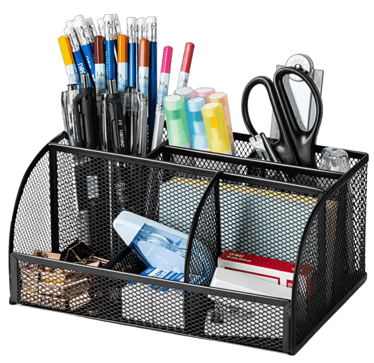 Office Supply organizer with pens, pencils, highlighters, stapler, scissors, etc.