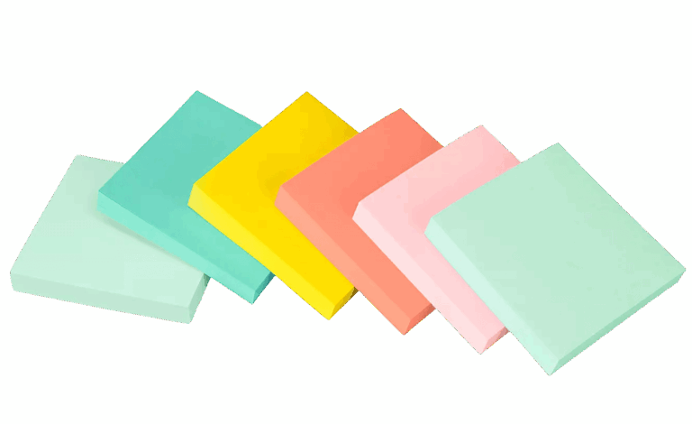 Six stacks of colored paper