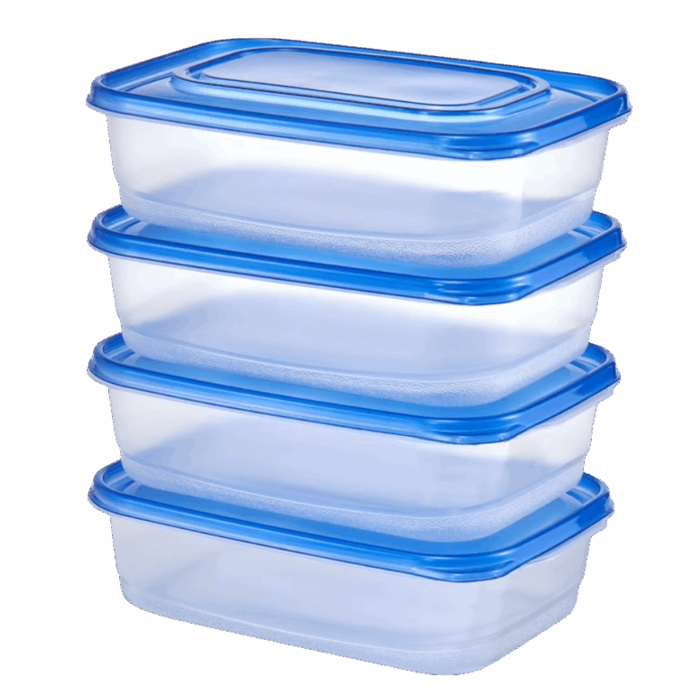 Four clear plastic food containers with blue lids