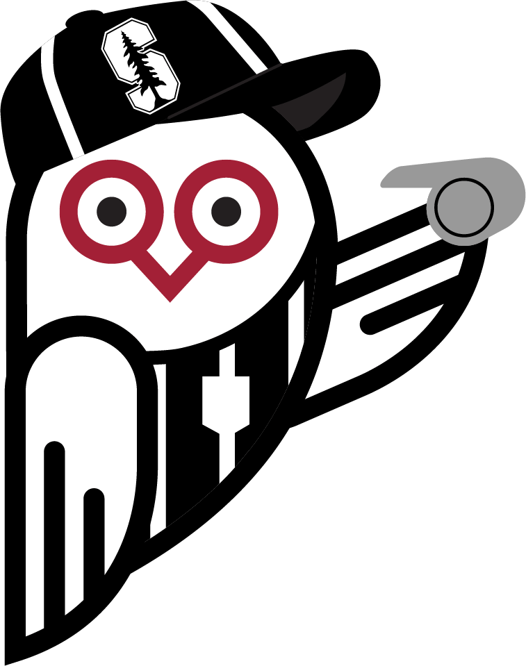 Graphic owl in referee uniform with a hat and holding a whistle