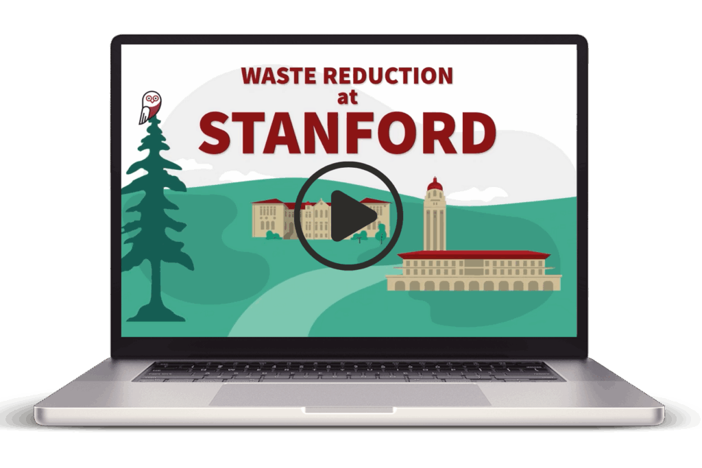 Icon of laptop with an image of the waste sorting training that reads" Waste Reduction at Stanford" with a play button.