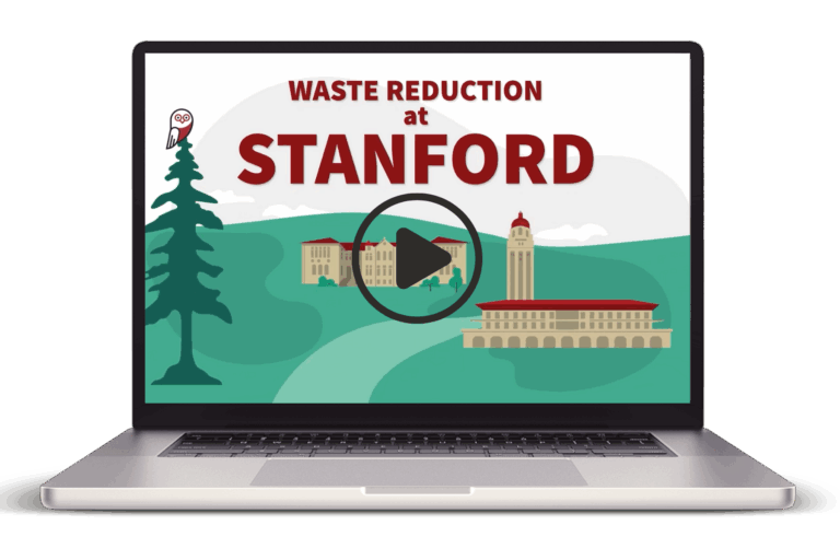 Icon of laptop with an image of the waste sorting training that reads" Waste Reduction at Stanford" with a play button.