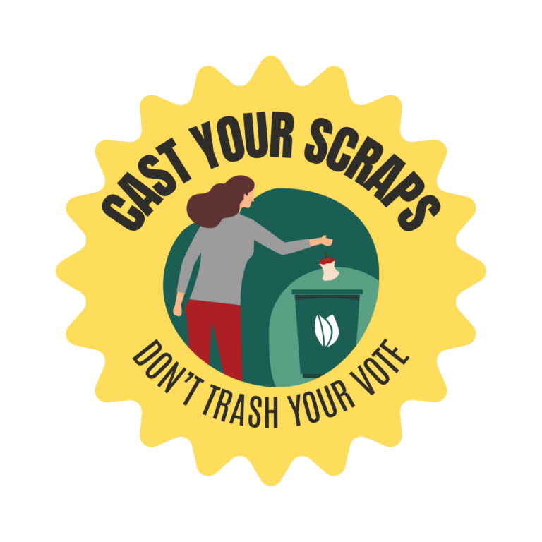 Graphic of a person throwing away an apple peel in the compost with the words "Cast Your Scraps Don't Trash Your Vote"