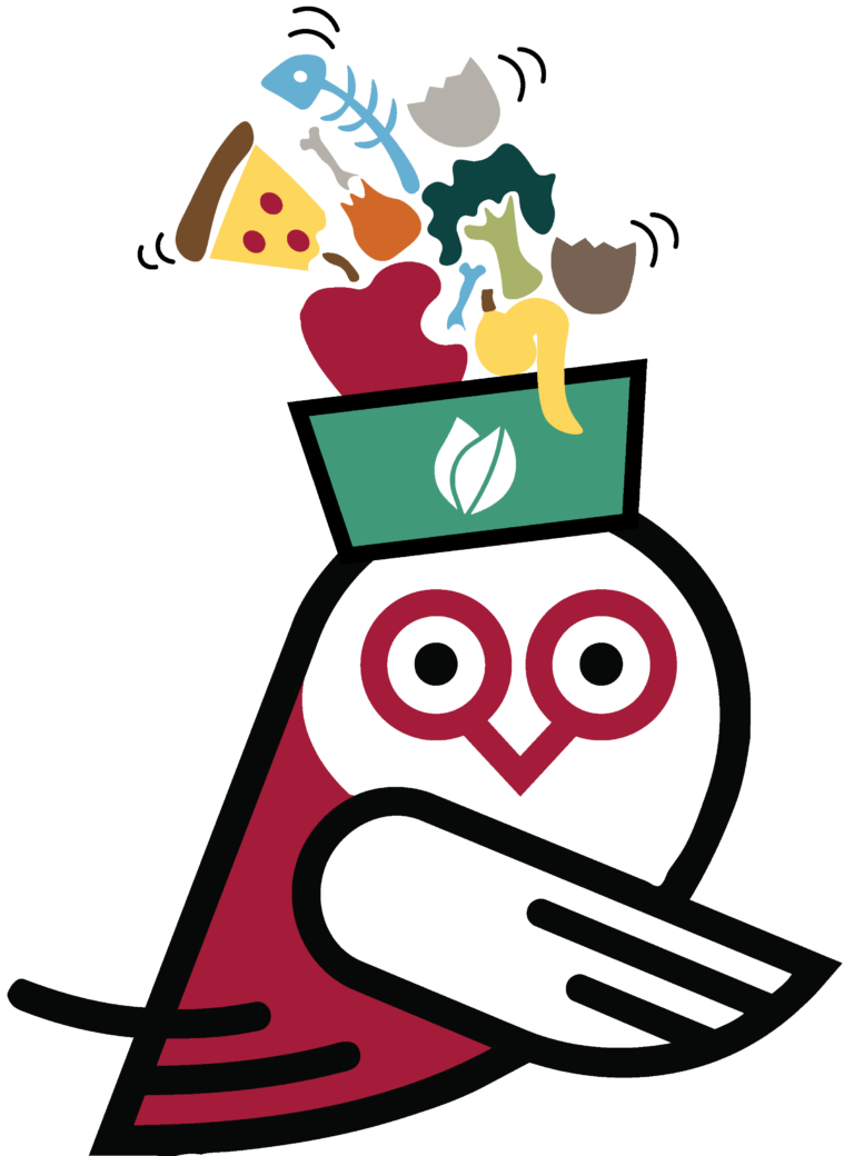 Owl icon with a green bin of food scraps on top of its head.