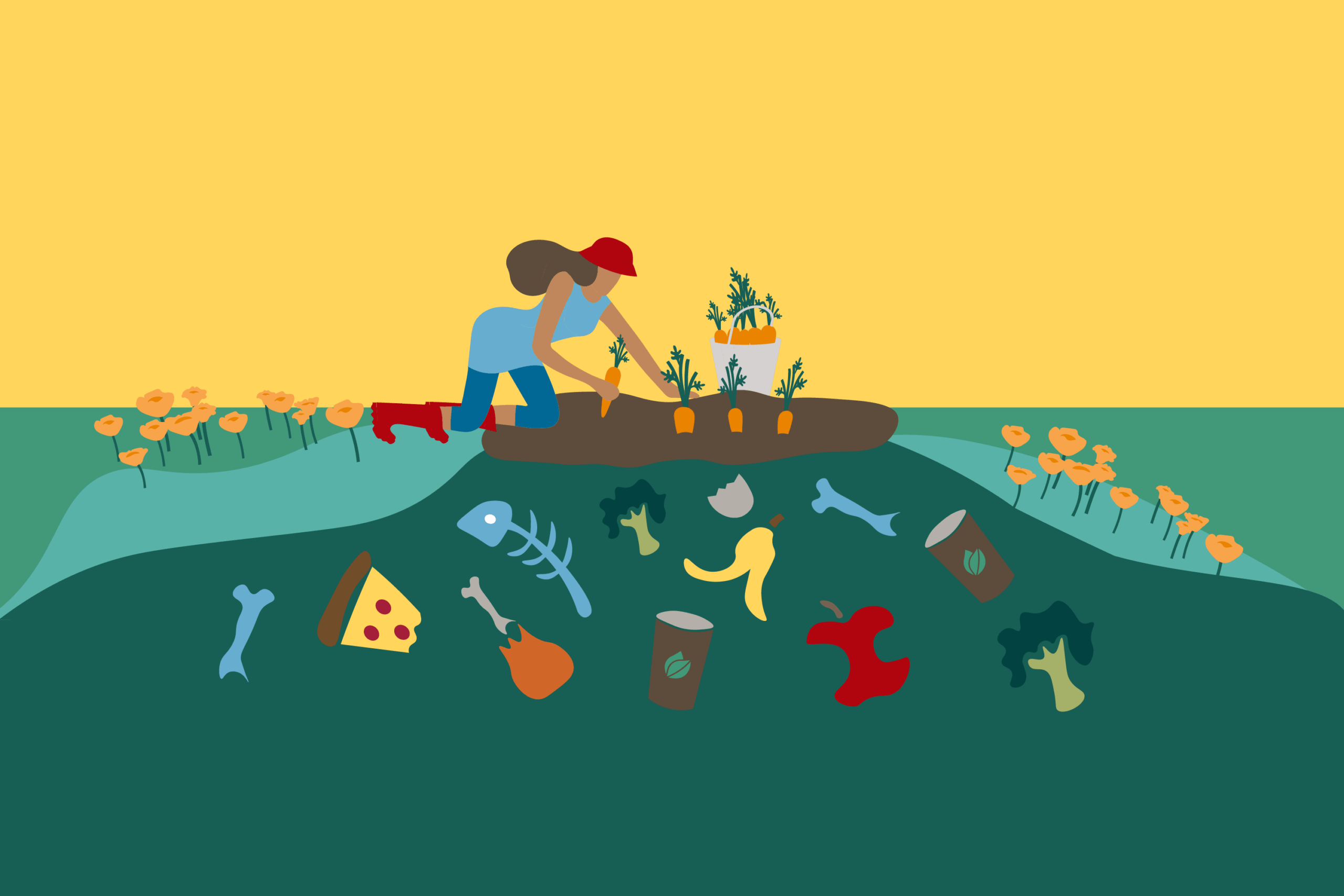 Icon of a person kneeling on the ground pulling carrots out of the ground and underneath the soil are food scraps.