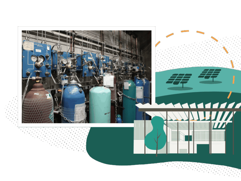 Collage showing an illustration of the SESI energy facility and an image of an interior storage room filled with gas cylinders.