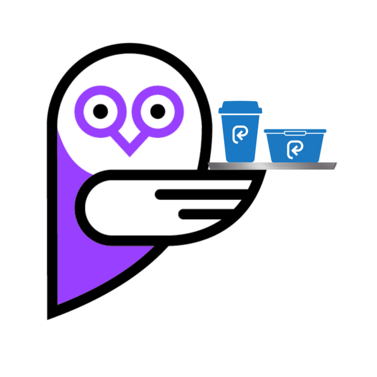 Purple owl icon holding a silver tray with a blue cup and container on top.