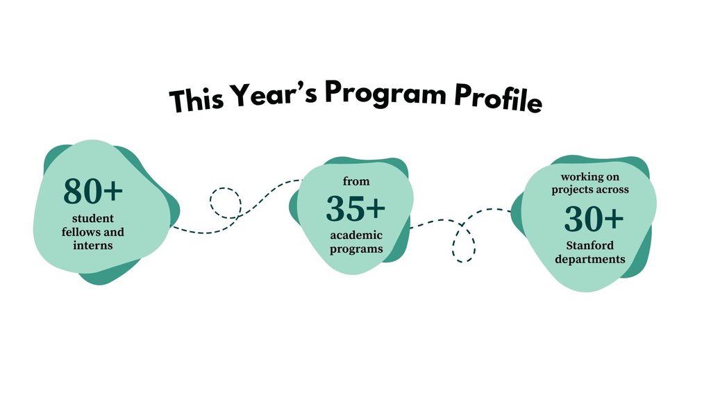 This year's program profile: 80+ student fellows and interns from 35+ academic programs working on projects across 30+ Stanford departments